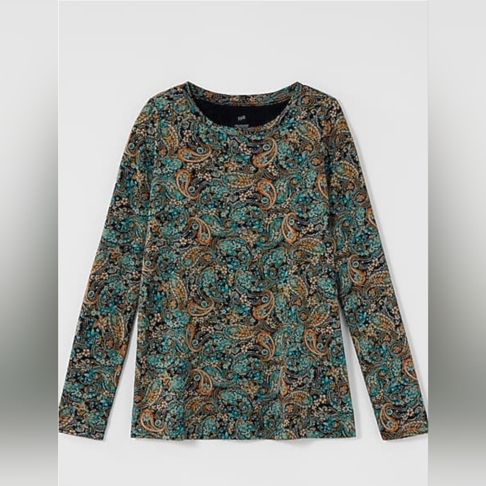 J Jill Pima Cotton Paisley Long Sleeve Tee Crew Neck Size‎ Large